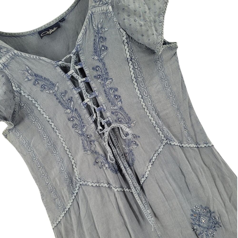 Coline Chambray Midi Dress Blue Embroidered Lace Up Boho Soft Girl Peasant